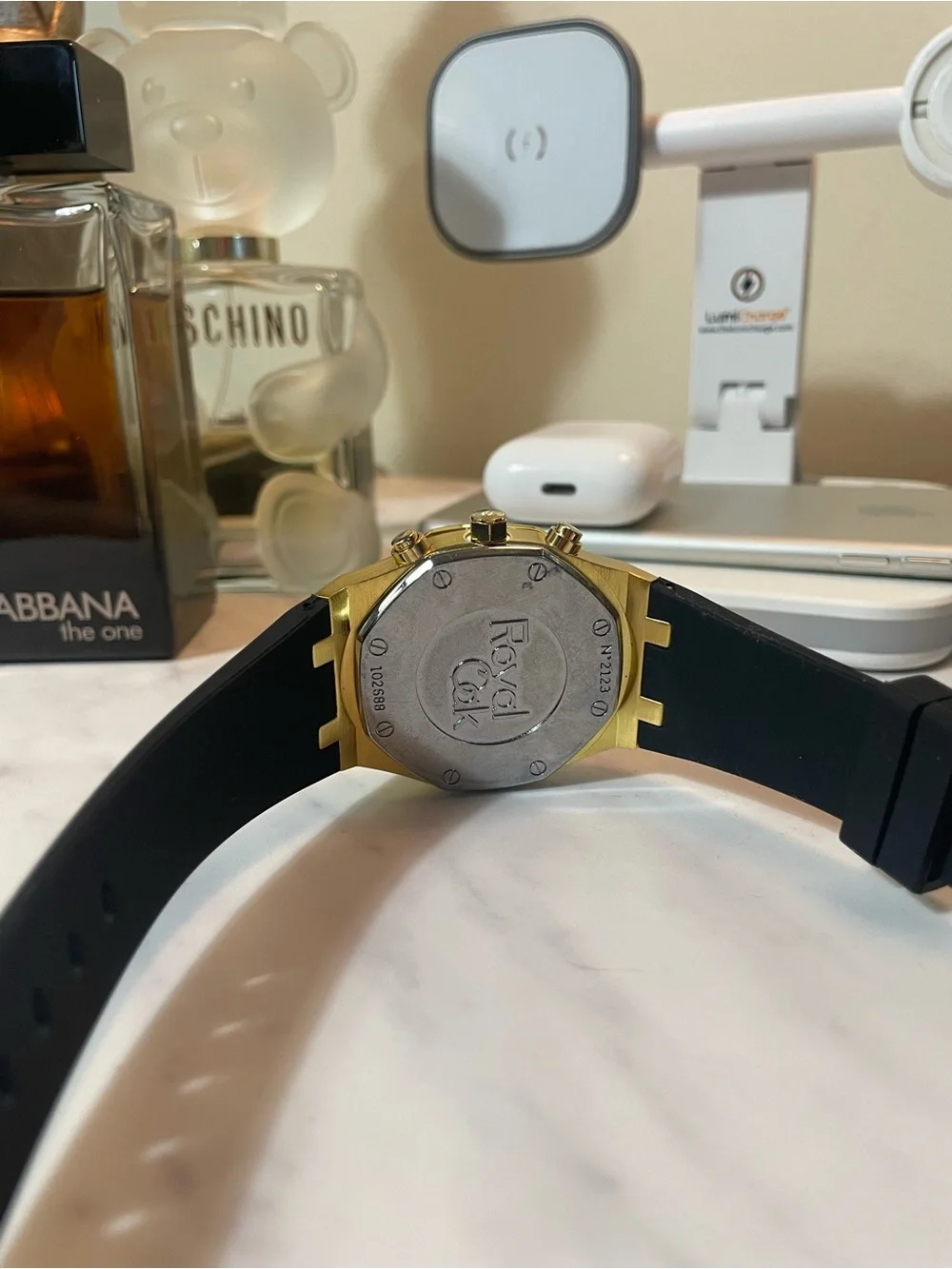 Gold-Tone Chronograph Men's Watch with Black Strap royal design